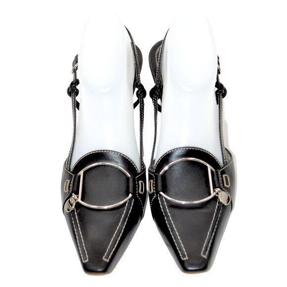 TOD'S Black Structured Minimalist Silver Metal Leather Slingback Kitten Heels 9 - Picture 2 of 15